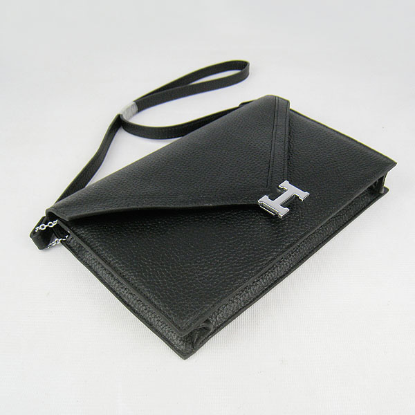 7A Hermes Togo Leather Messenger Bag Black With Silver Hardware H021 Replica - Click Image to Close